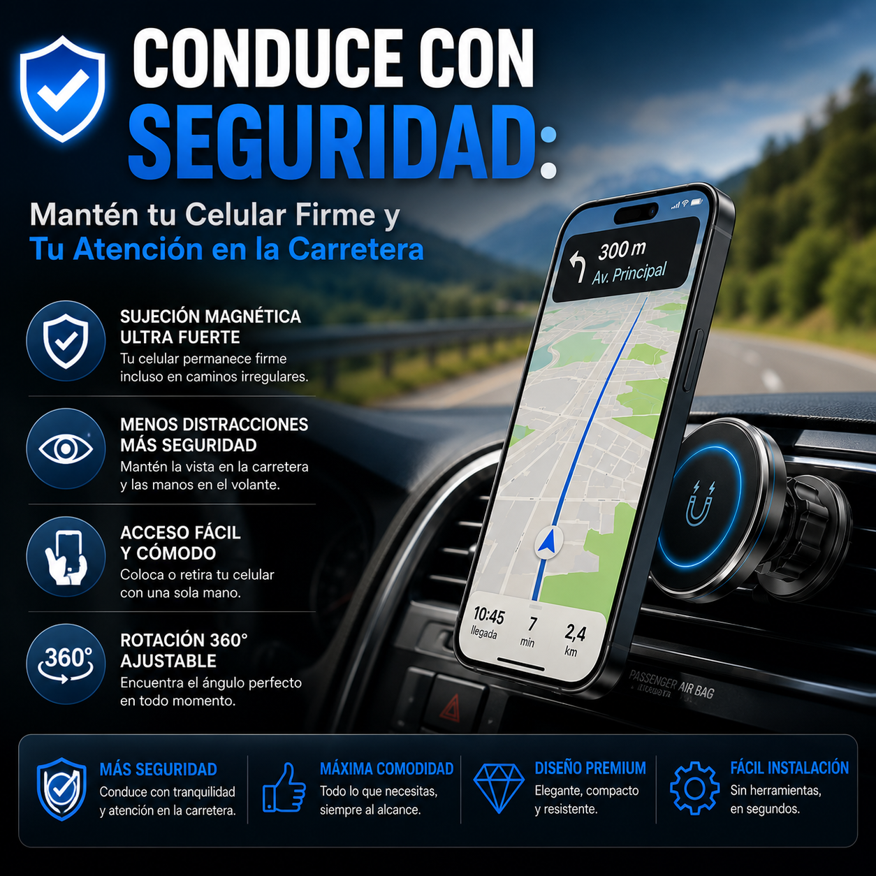 Soporte Magnético para Celular 360° – Conduce con Seguridad y Mantén tu Teléfono Siempre a la Vista