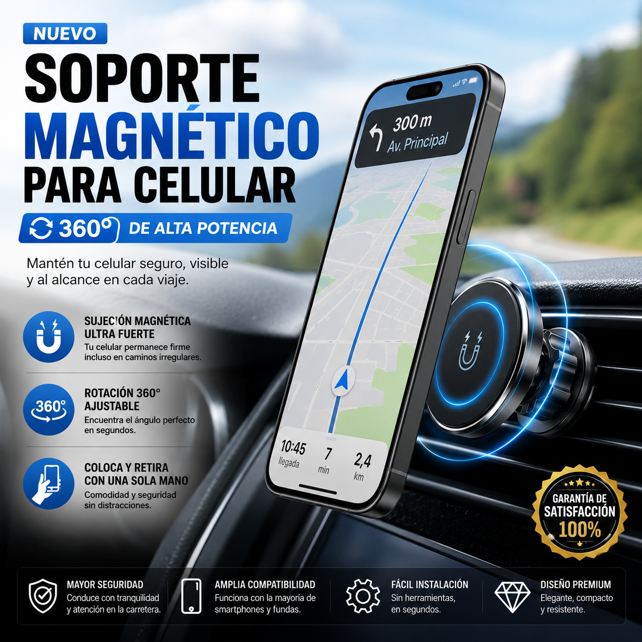 Soporte Magnético para Celular 360° – Conduce con Seguridad y Mantén tu Teléfono Siempre a la Vista