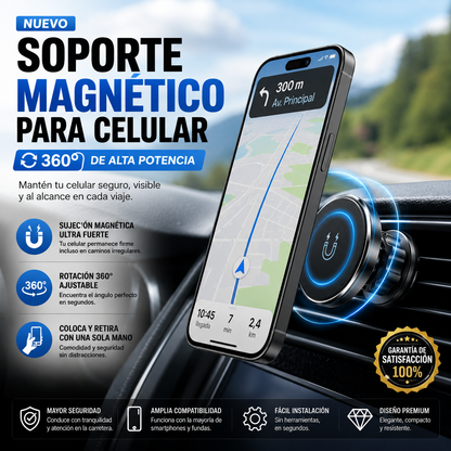 Soporte Magnético para Celular 360° – Conduce con Seguridad y Mantén tu Teléfono Siempre a la Vista