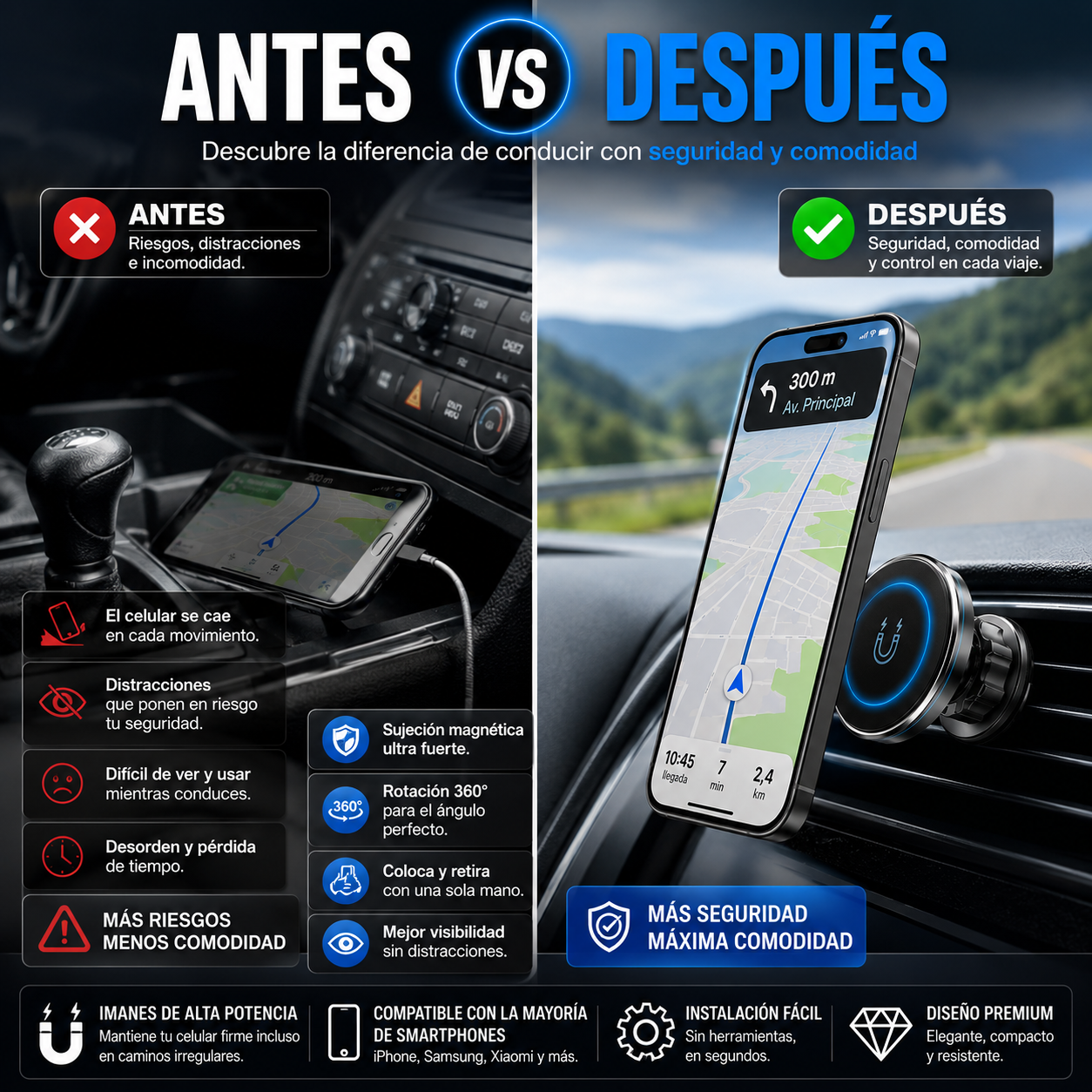 Soporte Magnético para Celular 360° – Conduce con Seguridad y Mantén tu Teléfono Siempre a la Vista