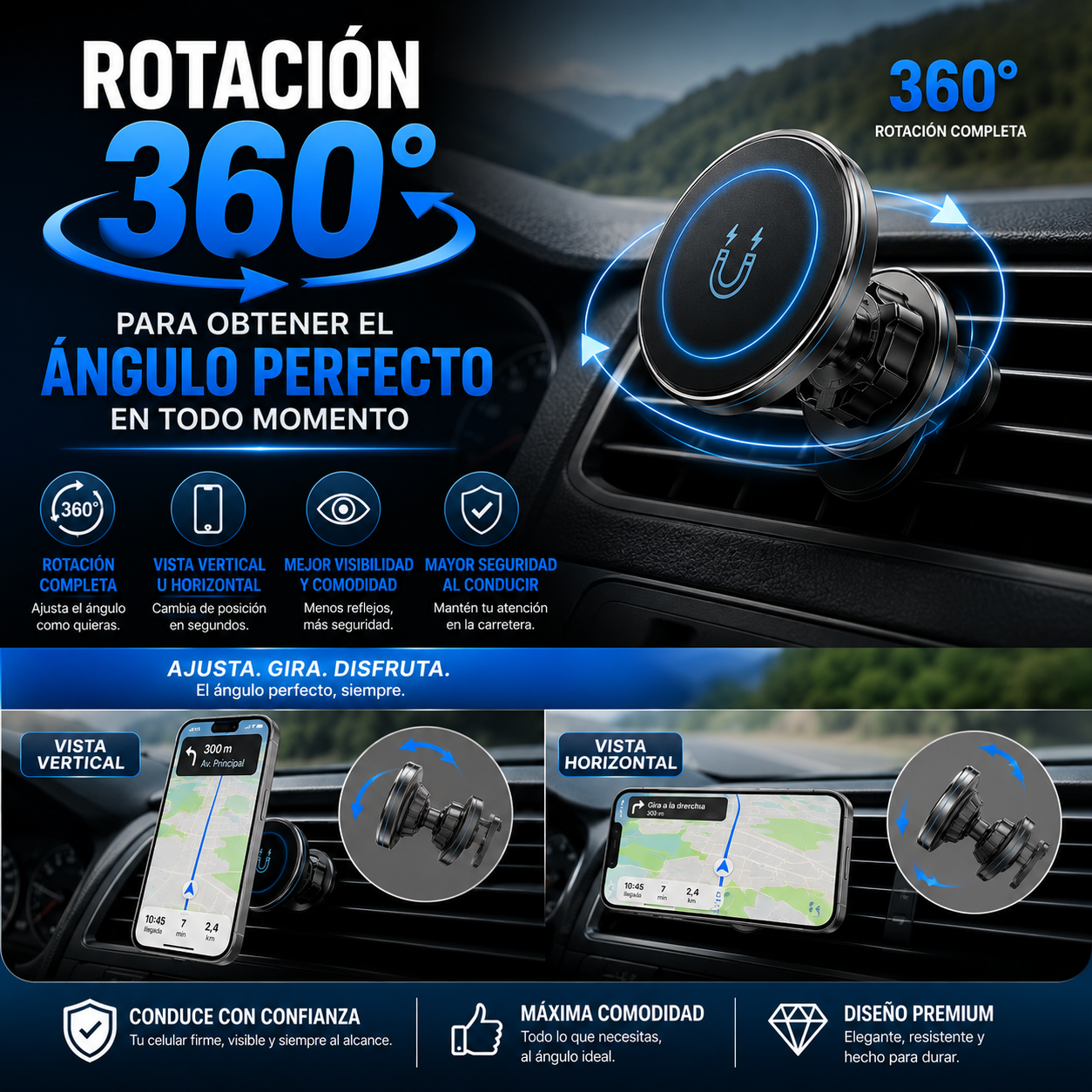 Soporte Magnético para Celular 360° – Conduce con Seguridad y Mantén tu Teléfono Siempre a la Vista