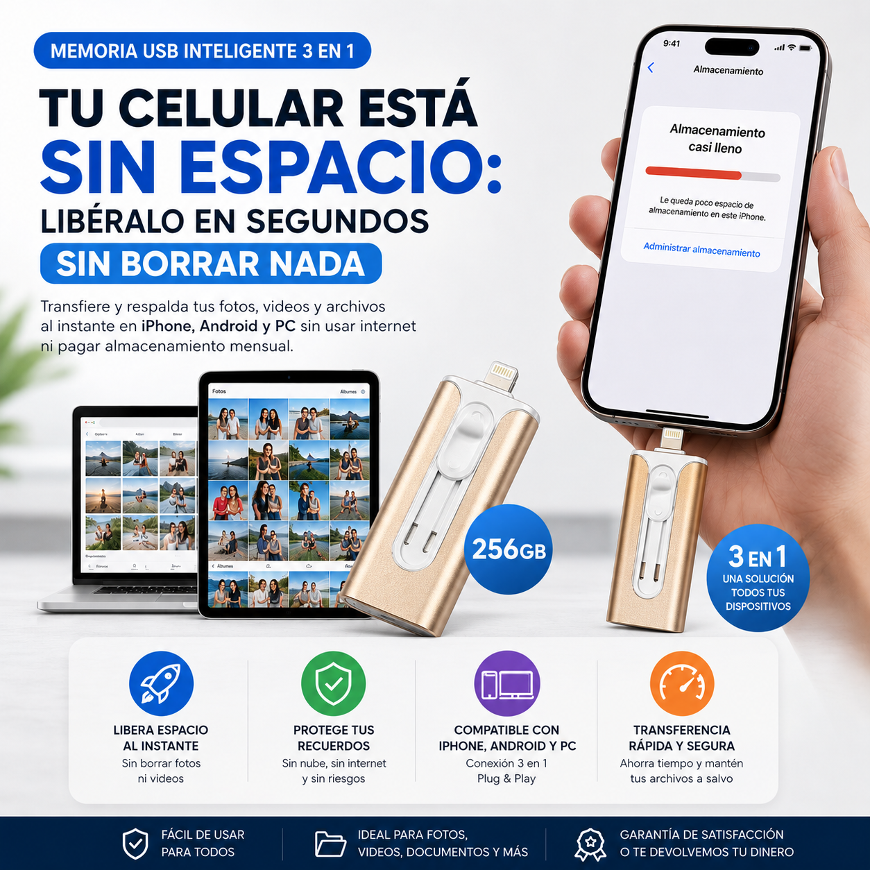 Memoria USB Inteligente 3 en 1 para Celulares – Libera Espacio al Instante 256GB ✅