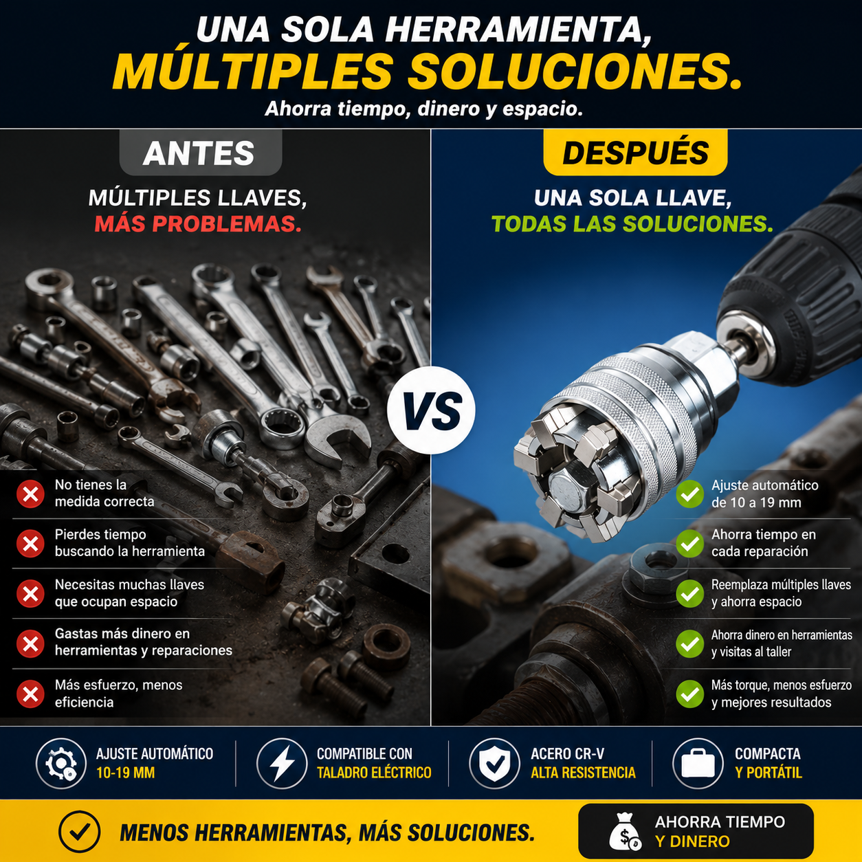 Llave de Tubo Universal Ajustable 10-19 mm de Acero CR-V Profesional