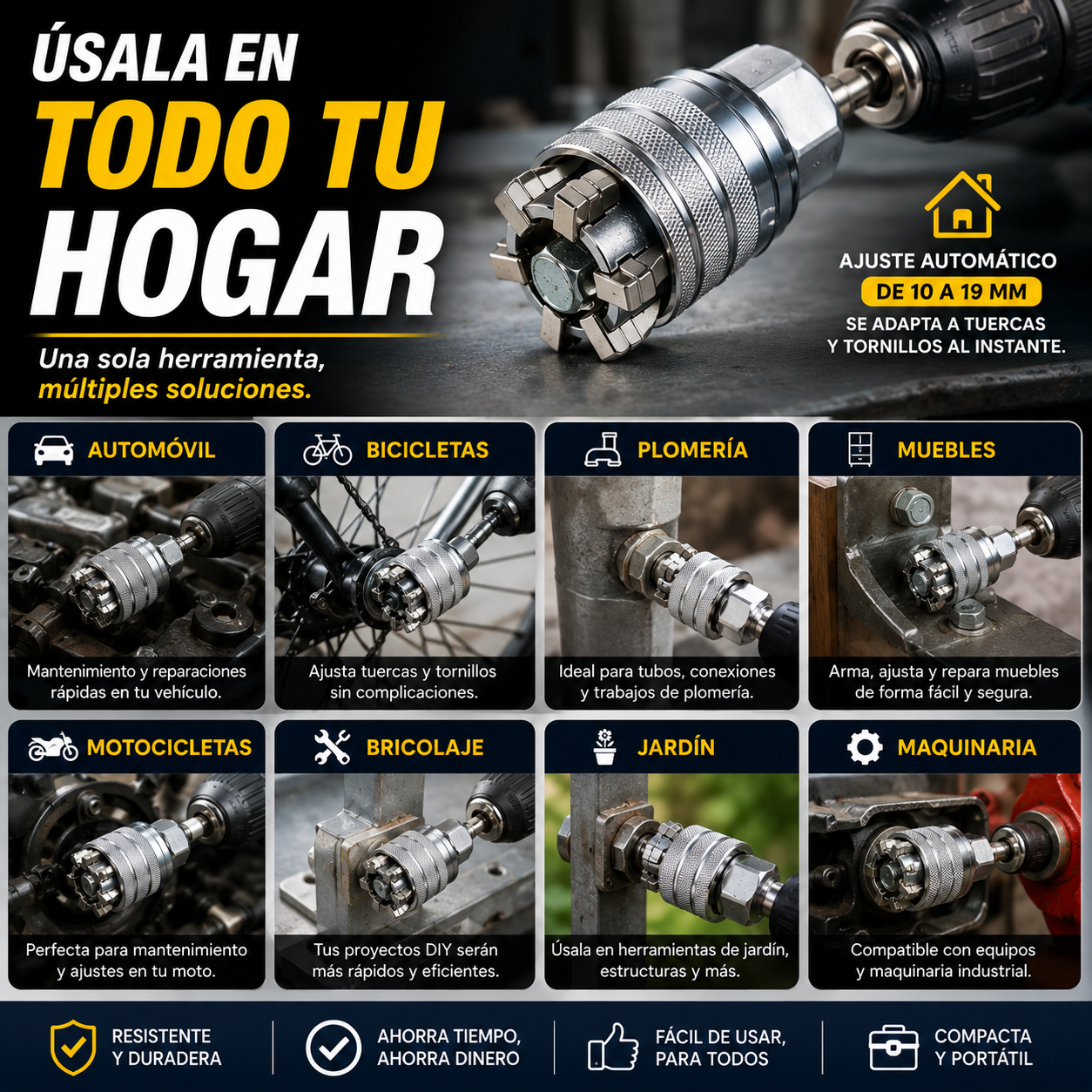 Llave de Tubo Universal Ajustable 10-19 mm de Acero CR-V Profesional