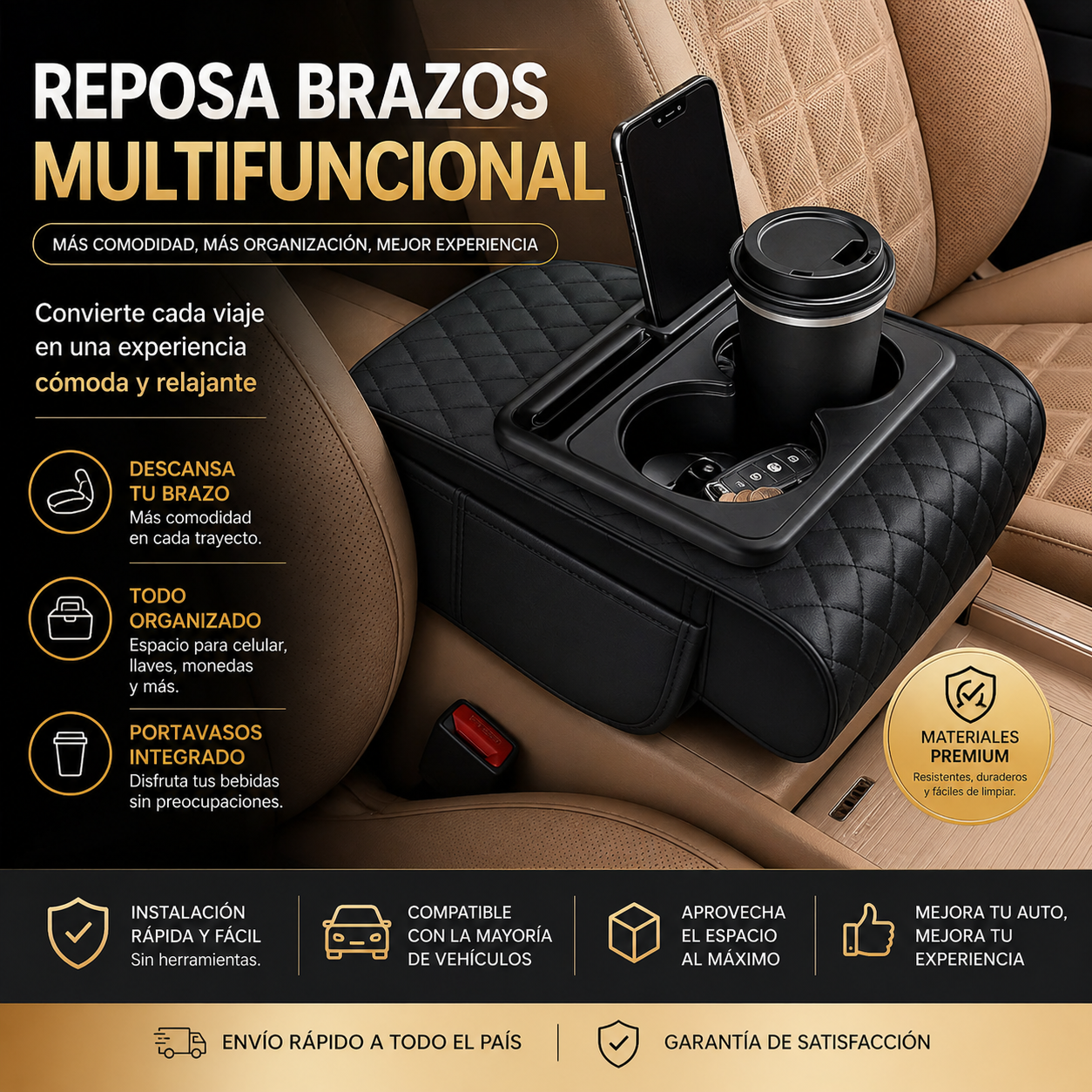 Reposa Brazos Multifuncional 5 en 1 para Auto – Olvídate del Desorden y Maneja con Comodidad