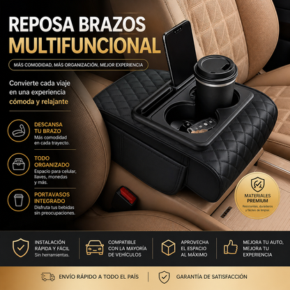 Reposa Brazos Multifuncional 5 en 1 para Auto – Olvídate del Desorden y Maneja con Comodidad