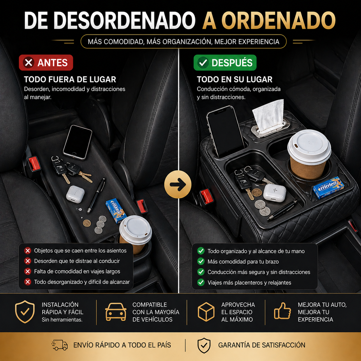 Reposa Brazos Multifuncional 5 en 1 para Auto – Olvídate del Desorden y Maneja con Comodidad